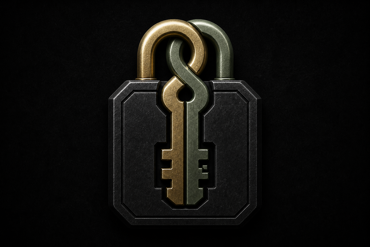 Two interlocking keys forming a lock.